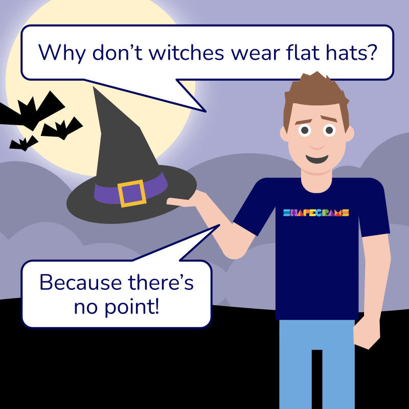 Comic of Tony holding a witch’s hate. He says, “Why don’t witches wear flat hats? Because there’s no point!” Comic of Tony holding a witch’s hate. He says, “Why don’t witches wear flat hats? Because there’s no point!”