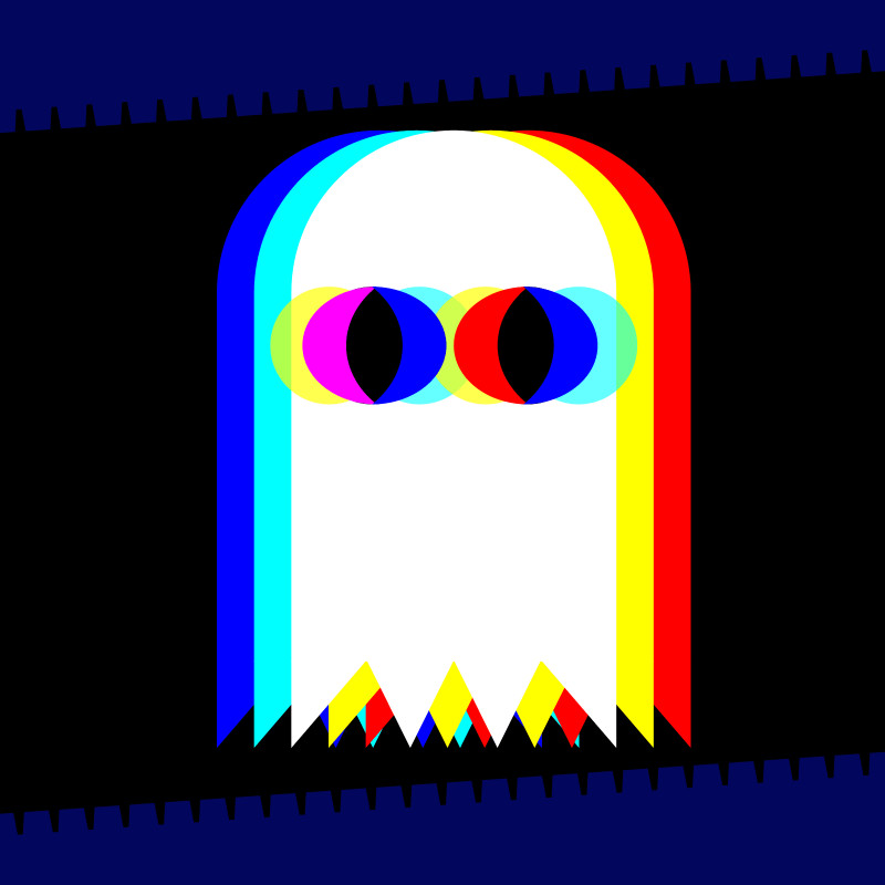 Digital drawing of a white ghost with colorful glitch effect
