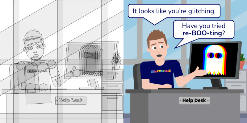 Comic of Tony looking at a computer screen with a blurry ghost. He says, “It looks like you’re glitching. Have you tried re-BOO-ting?”